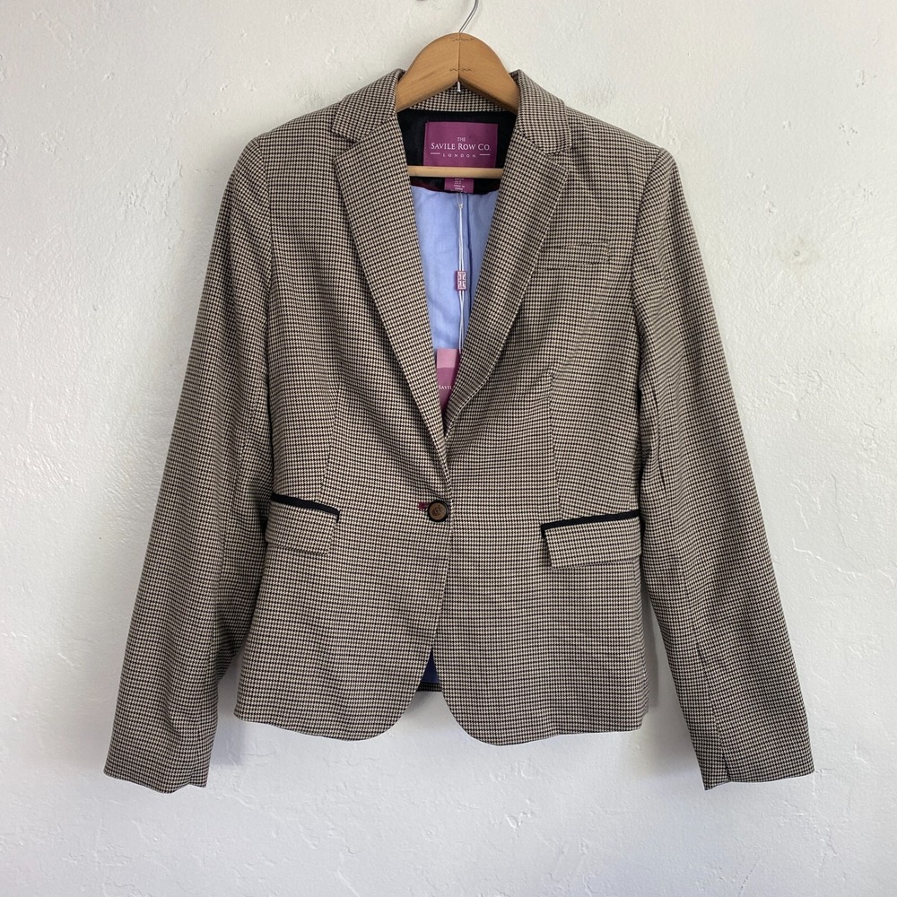 Savile Row Co Houndstooth Blazer Womens Size Small Brown Elbow Patches New